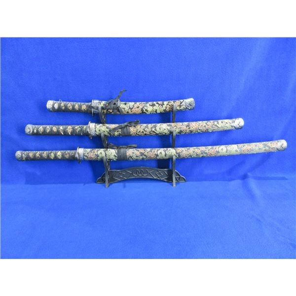 Dragon Edge Three Sword Katana Sword Set with Stand