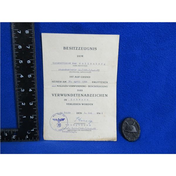 Replica German WWII Black Wound Badge with Certificate