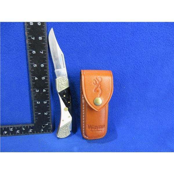 Folding Knife - 4" Clip Point Blade - Black/White Inlaid Handle