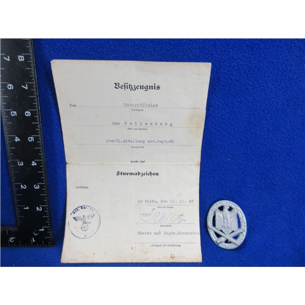 Corporal Wollenberg Original Certificate & Replica Medal