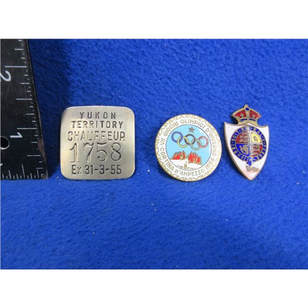 3 Collector Pins - 1956 Olympic, Chauffeur 1758, Unknown
