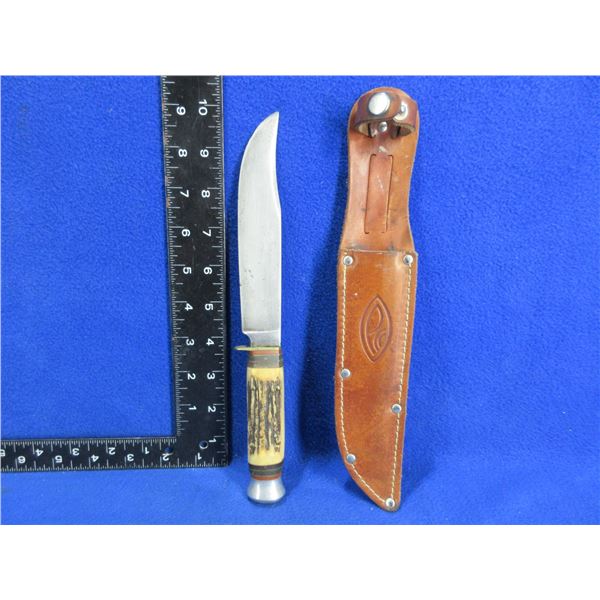 Fixed Blade Knife with Stag Handle and Leather Sheath