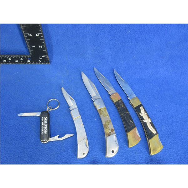 Lot of 4 Folding Blade Knives and Key Chain Bottle Opener