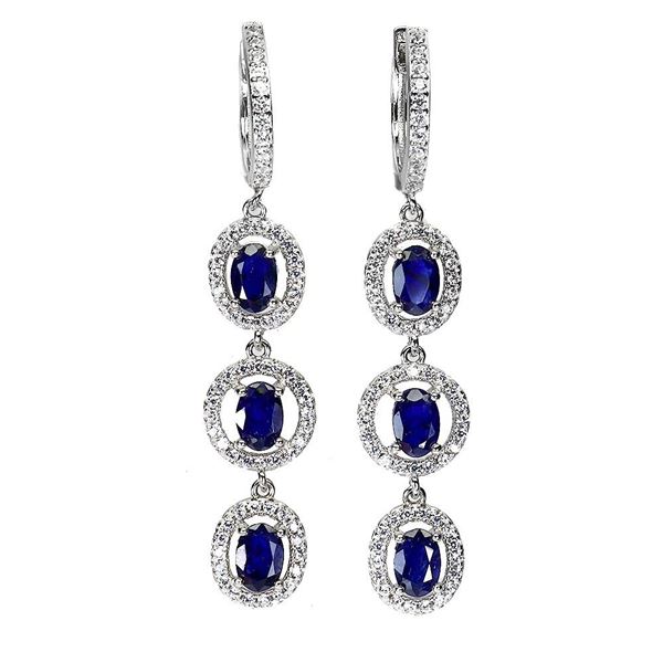 BRAND NEW BLUE SAPPHIRE 6 x 4 mm OVAL CUT 925 STERLING SILVER EARRINGS 14K WHITE GOLD PLATED - Appra