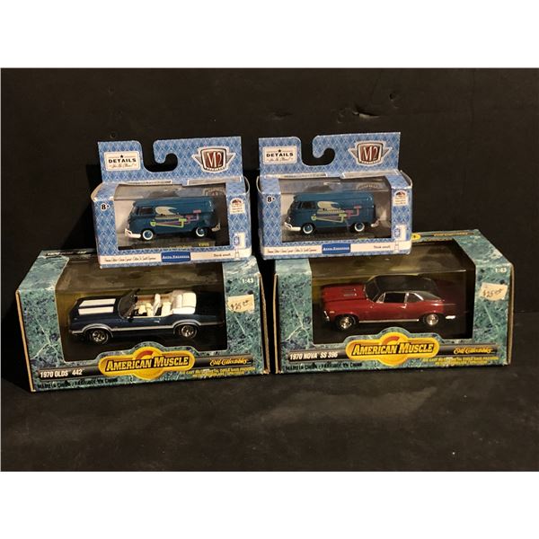 4pc die-cast vehicles - 2x American Muscle (1970 Olds 442, Nova SS 396) & 2x M2 Machines 1960 VW Del