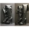 Image 1 : 2 pairs of assorted knee-high high heel shoes - sizes Black round toe P-Leather 5" heel US 7 & Black