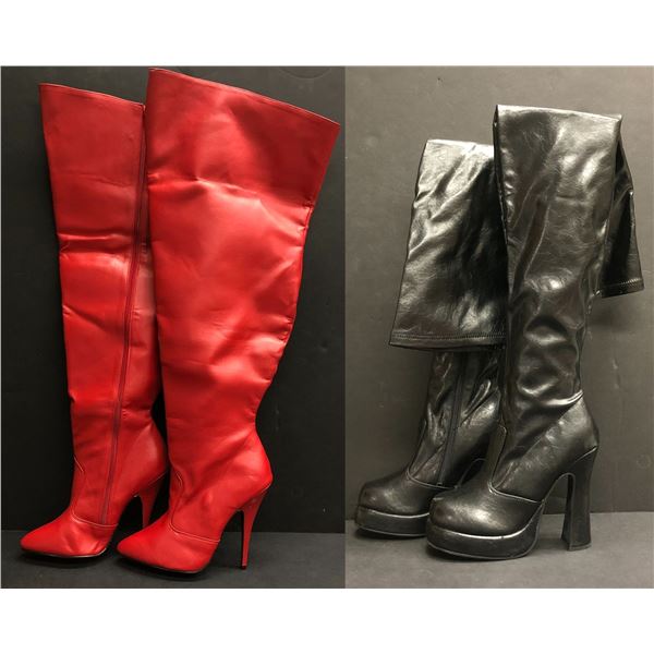 2 pairs of assorted leather knee-high high heel shoes - sized Red Leather Cassandra wide-thigh 5" he