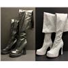 Image 1 : 2 pairs of assorted knee-high high heel shoes - sizes White P-leather round toe 5" heel US 10 & Blac