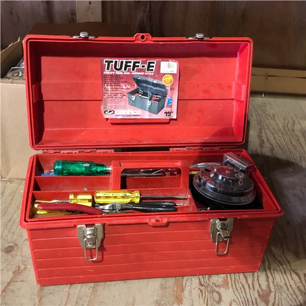 Red toolbox full of various tools