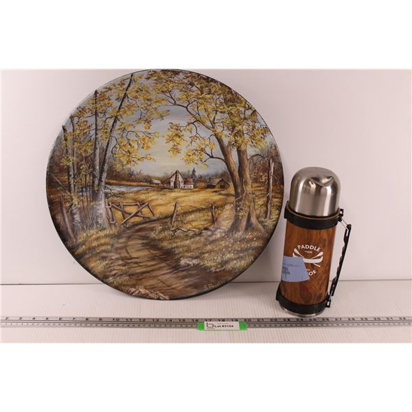 18" Farm Style Painted Metal Bowl Wall Decor, Coffee Thermos (Dent on Cap)