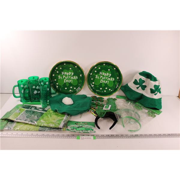 St. Patrick's Day Lot: Cups, Shot glasses, Headbands, Hats, Plates