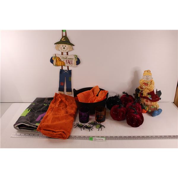 Fall & Halloween Lot: Tablecloths, Pumpkins, Spiders, Scarecrows, Misc.