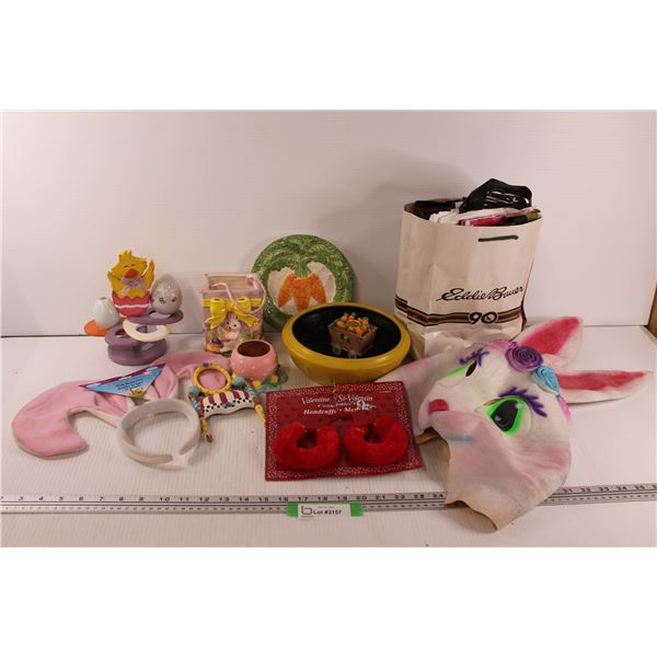 Easter Lot: Egg Display, Plates, Bowl, Bunny Ears/Hat, Gift Bags, Misc.