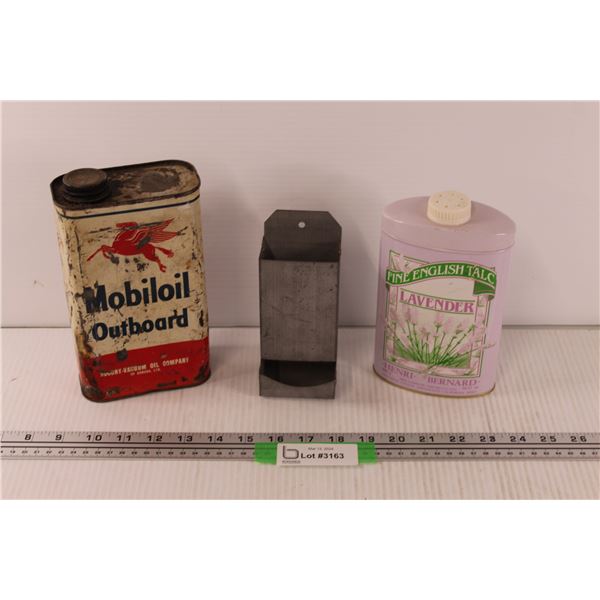 Mobil Oil Tin, Lavender Talc Tin, Tin Matchbox Dispenser