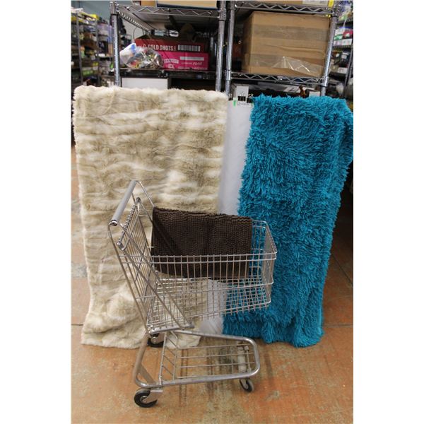 * Shopping Cart - 35 x22 x16 , (2) Throws: Faux Fur & Green Shag, Brown Bathmat