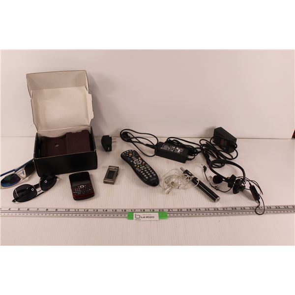 Blackberry, Sunglasses, Remote, Various Cords, Earphones, Misc.