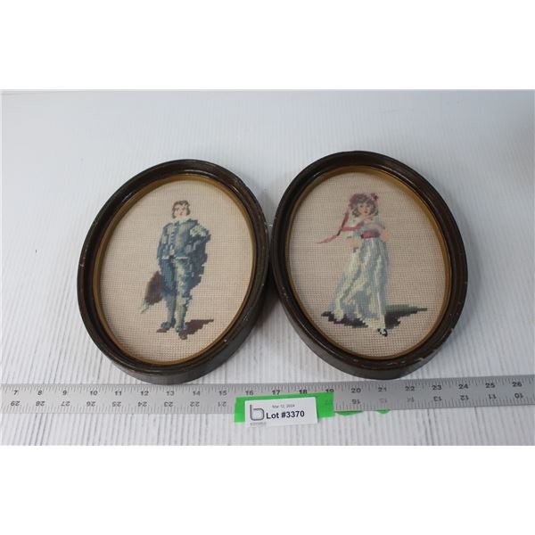 Pair of Vintage Embroidered Pink Lady and Blue Boy Art