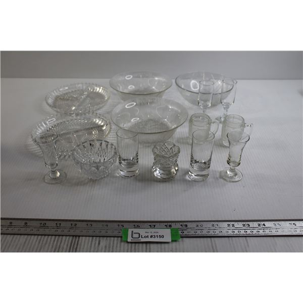 (3) Glass Bowls, (2) Divided Glass Plates, Misc.