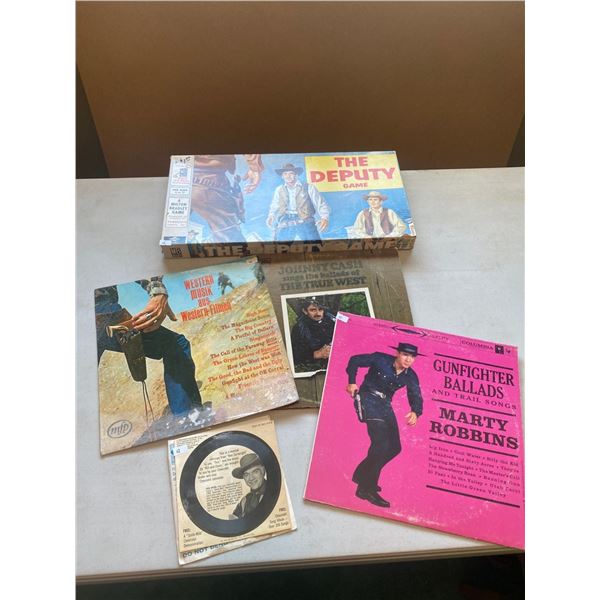 Set Of Western Themed Records And Milton Bradley The Deputy Board Game