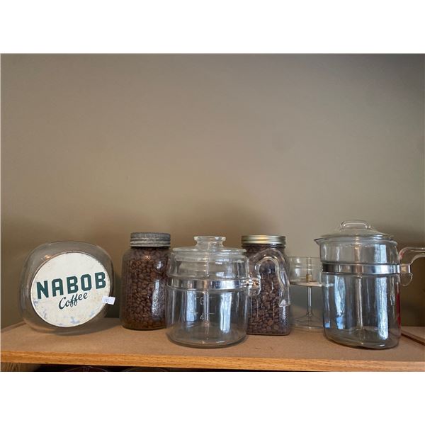 Collection Of Vintage Coffee Pots With Jars Of Coffee