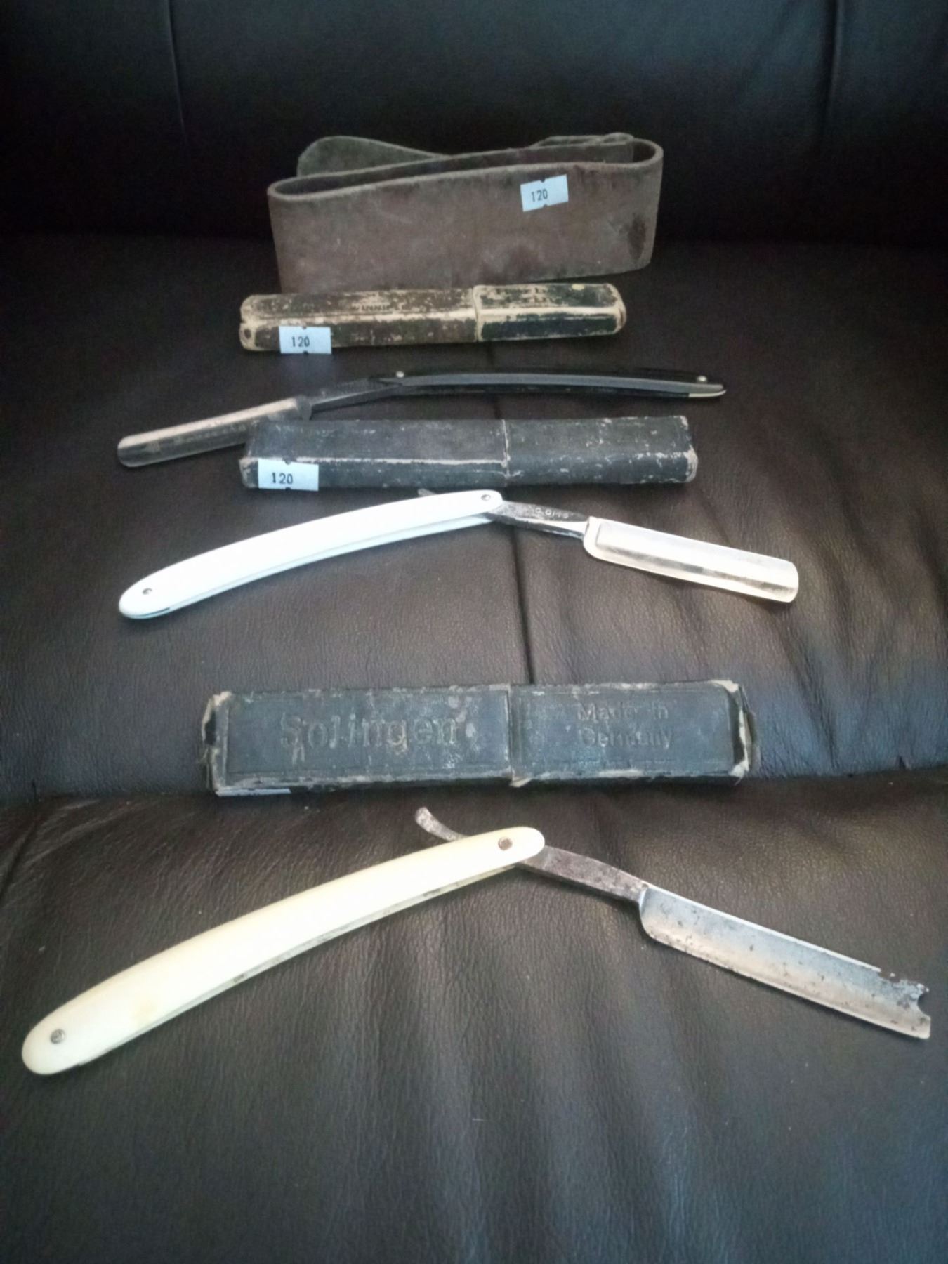 Collection Of Antique Straight Razors And Leather Strip - Beck Auctions ...