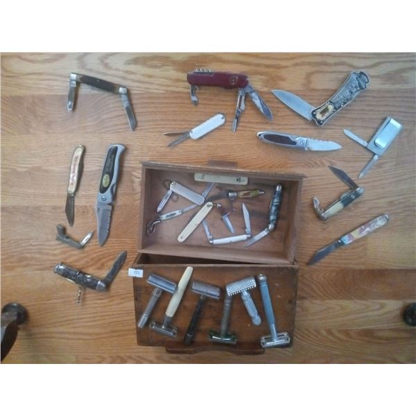 Collection Of Antique Shaving Razors and Pocket Knifes