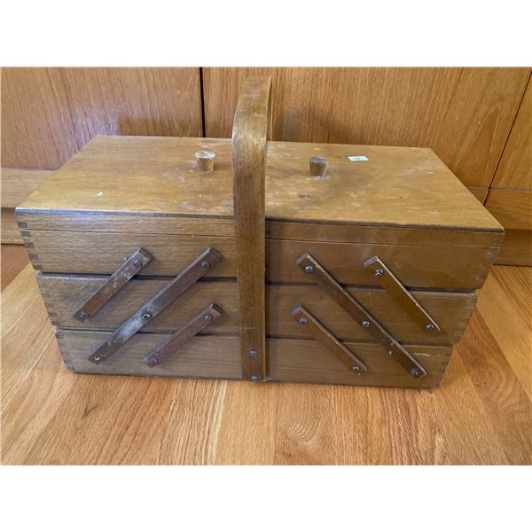 Vintage Staggered Wooden Sewing Basket And Variety Of Sewing Supplies