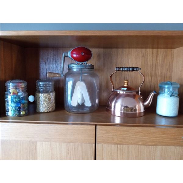 Vintage Butter Churn With Copper Tea Pot And Jars Of Seeds