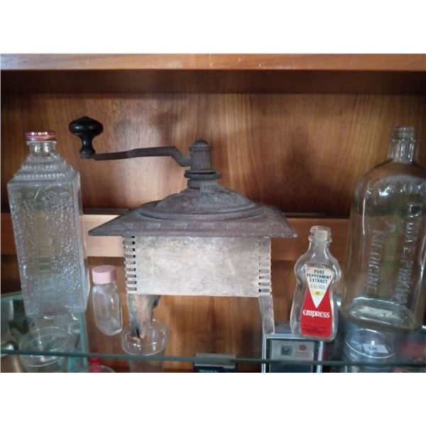 Antique Coffee Grinder ( Not Functional) And Medicine Bottles