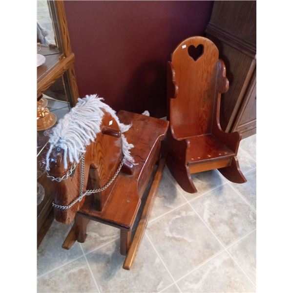 Handmade Wooden Rocking Horse And Doll Chair