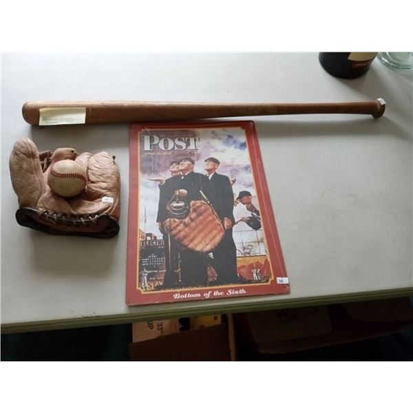 Saturday Evening Post ( Norman Rockwell) Metal Umpire Sign And 1937 Womens League Baseball Bat