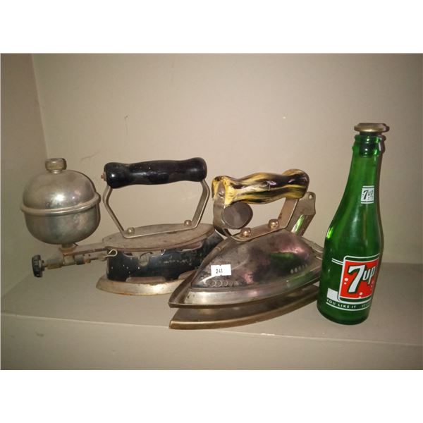 Set Of Antique Irons With Water Sprinkler Bottle