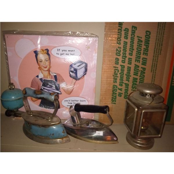 Set Of Antique Irons With Sign