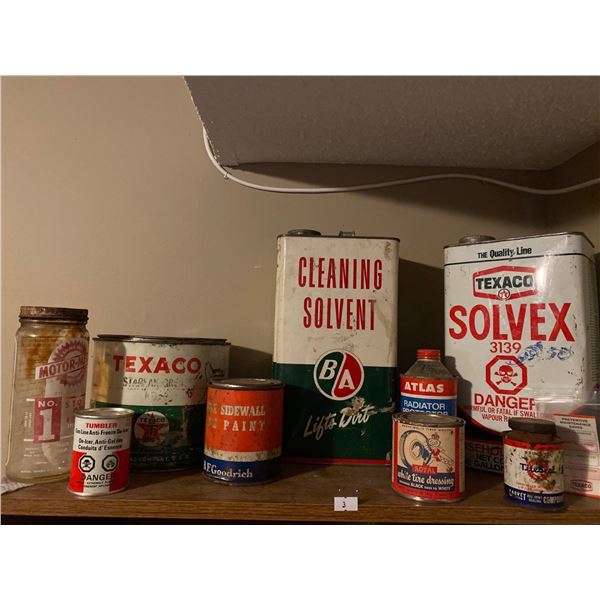 Assortment Of Antique Oil Cans And Flag