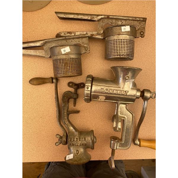Set Of Antique Meat Grinders And Mashers