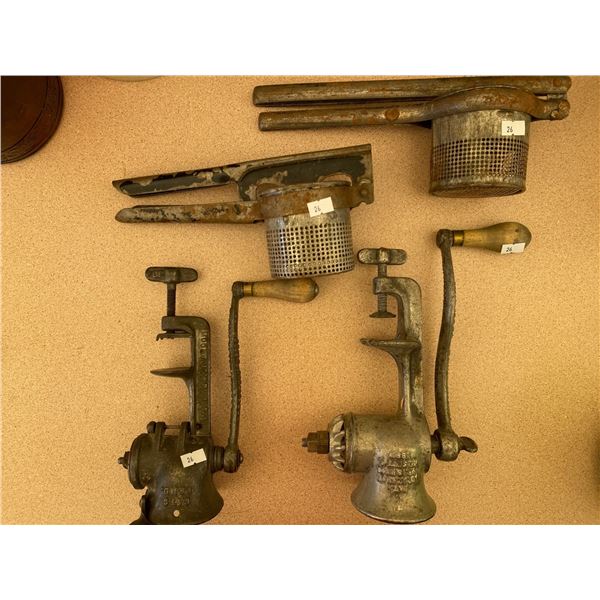 Set Of Antique Meat Grinders And Mashers