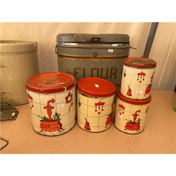 Antique Metal Flour Bin And Vintage Storage Tins