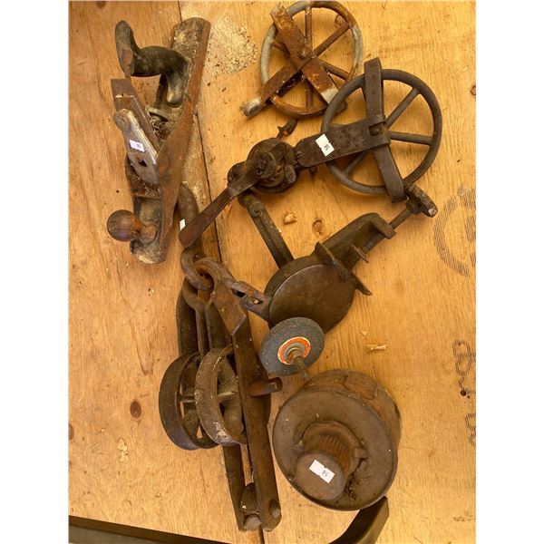 Assortment Of Antique Pulleys And Wood Working Tools