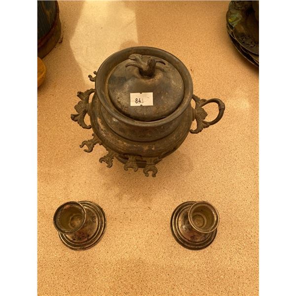 Antique Silver Plated Jar And Candle Holders