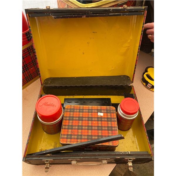 Vintage Metal Picnic Basket With Thermoses And Lunch Case