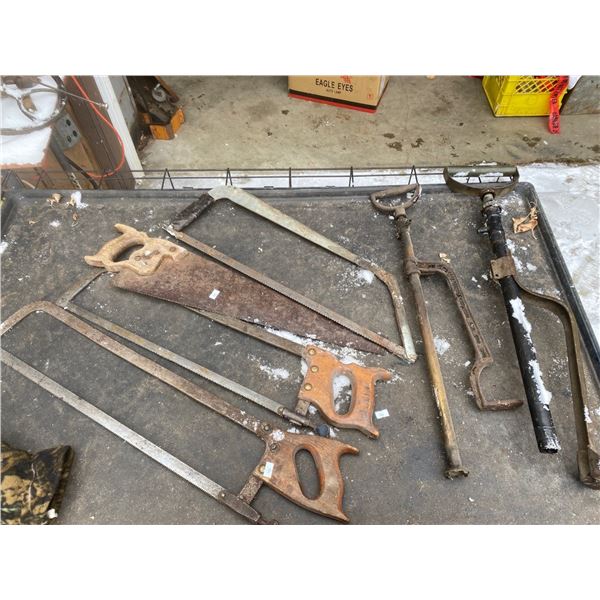 Assortment Of Antique Saws And Stirrup Pumps