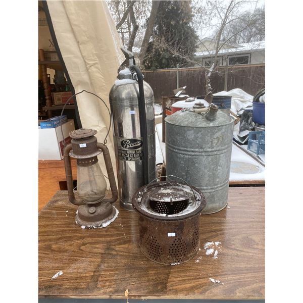 Antique Lamp, Gas Can, And Pyrene Fire Extinguisher