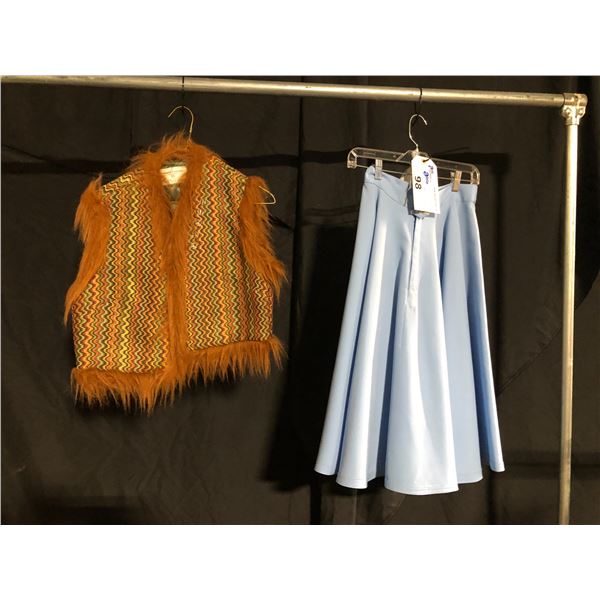 BROWN/GREEN/ORANGE 70'S VINTAGE SHAG VEST, LIGHT BLUE SKIRT, DAILY RENTAL $50.00