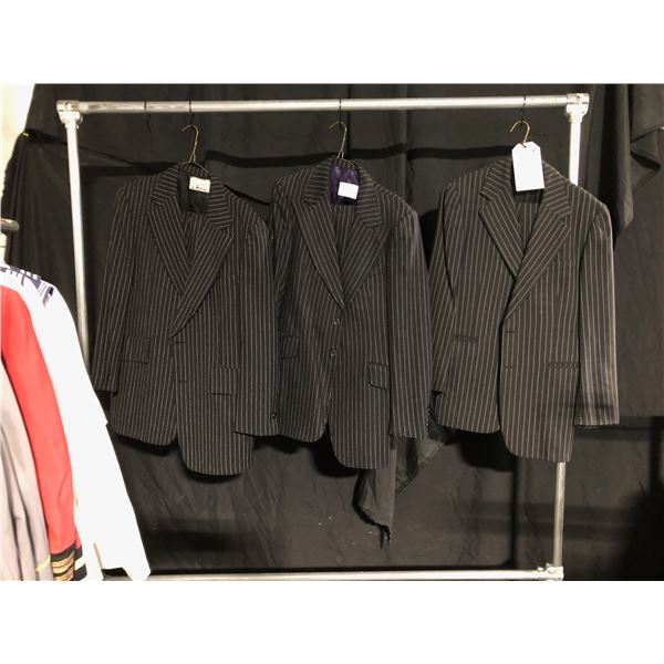 3 BLACK PINSTRIPE SUIT JACKETS, DAILY RENTAL $75.00