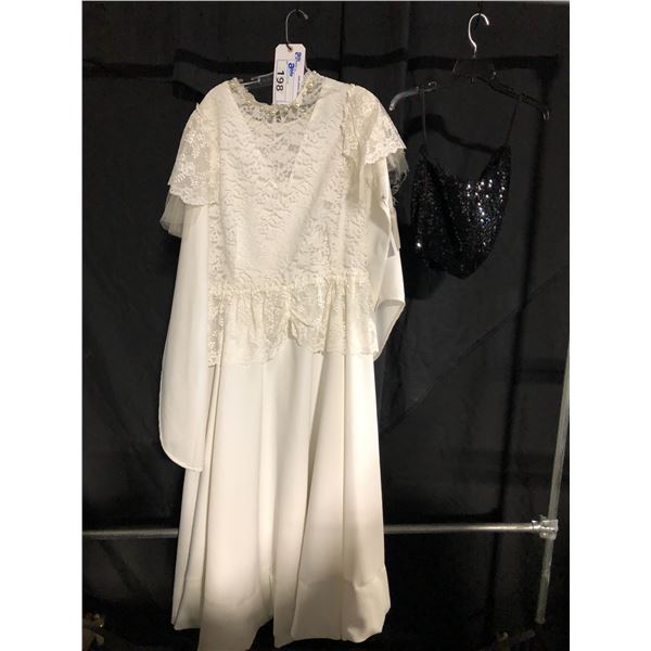 WHITE DRESS WITH LACE DETAILS AND BLACK SPARKLY TOP, DAILY RENTAL $85.00