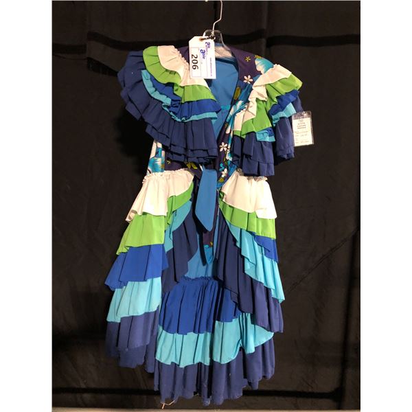 MULTI-COLOURED SPANISH STYLE DRESS, DAILY RENTAL $100.00