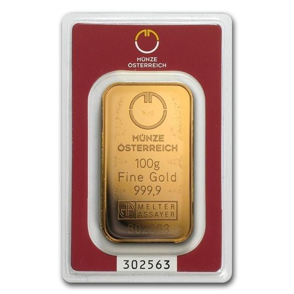 100 grams (3.215 oz) of .9999 fine Gold. - Austrian Mint (In Assay)