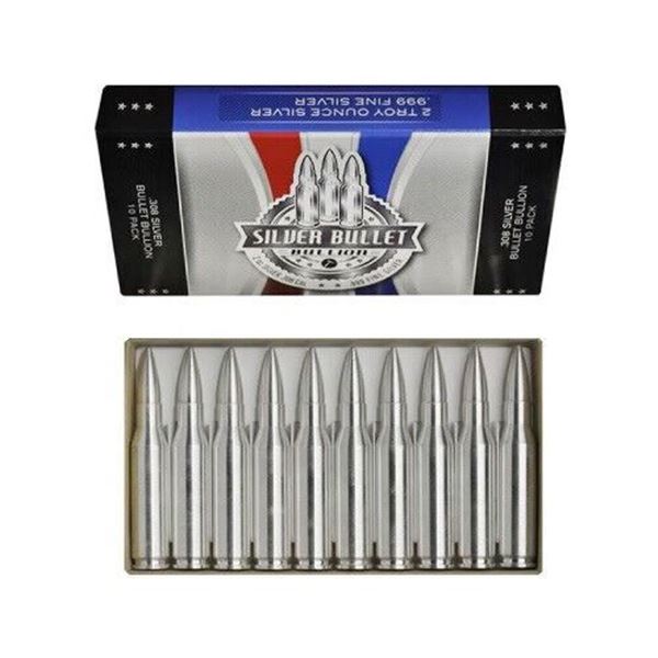 10 .999 Pure Silver 2 oz 308 Caliber Bullets (20 Oz Total)