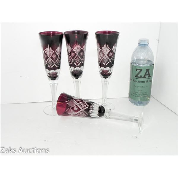 Lot of 4 Stemmed Cranberry Etched Glasses