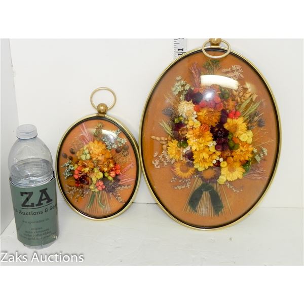 Vintage (2) Cideart Dried Straw Flower Oval Convex Glass Framed Wall Art